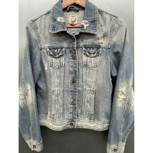 Women Blue Denim Jacket M Rhinestone Distressed Six Pocket Grunge Hippie Retro
